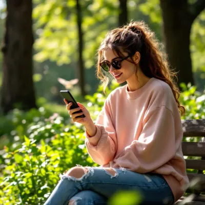 woman using a plant app in a nature park, daylight, modern style