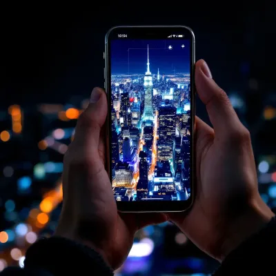 hands holding smartphone with live satellite imagery, vibrant urban cityscape, night scene